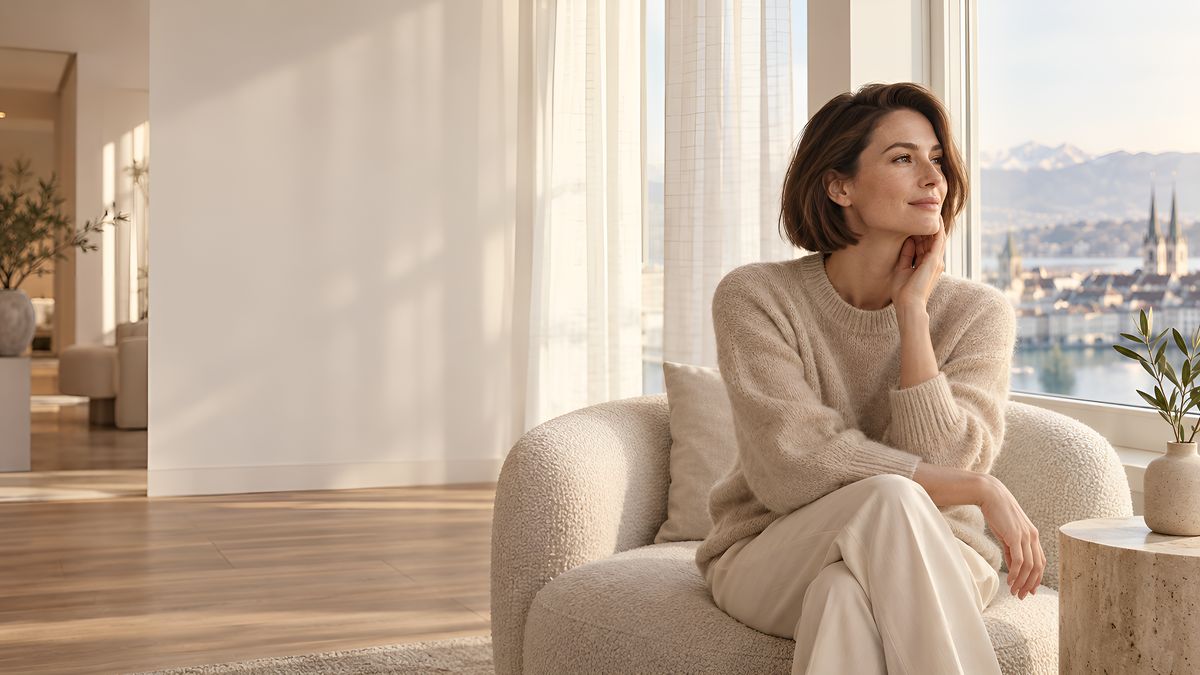 Entspannte Frau im hellen Studio von Perfect Shape mit Blick über Zürich